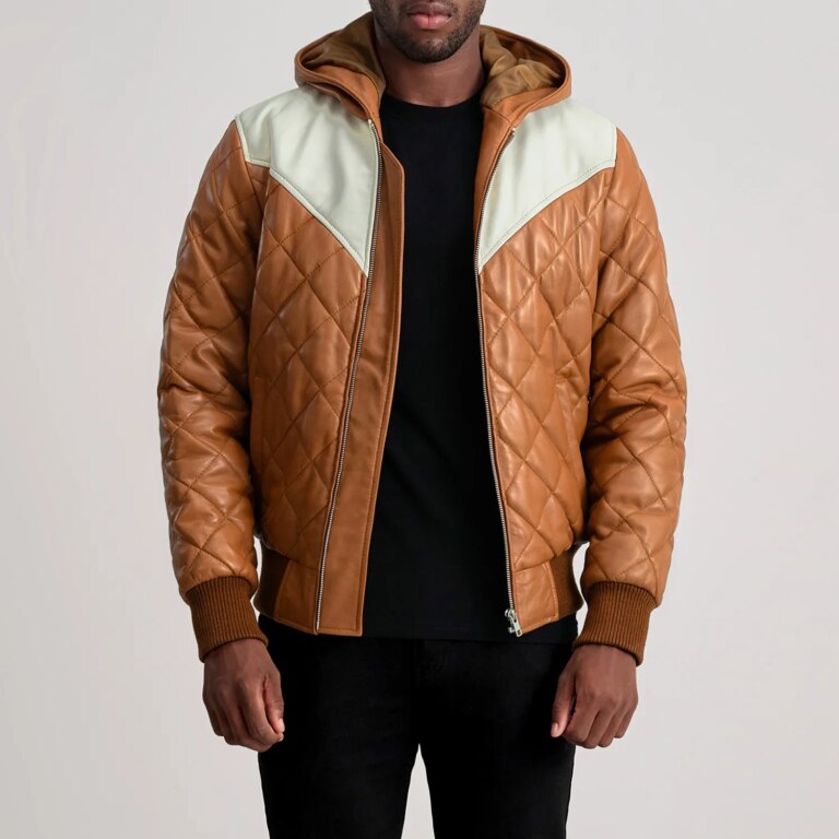 Mens Norman Tan Hooded Bomber Leather Puffer Jacket Open Front-4-1733754054583